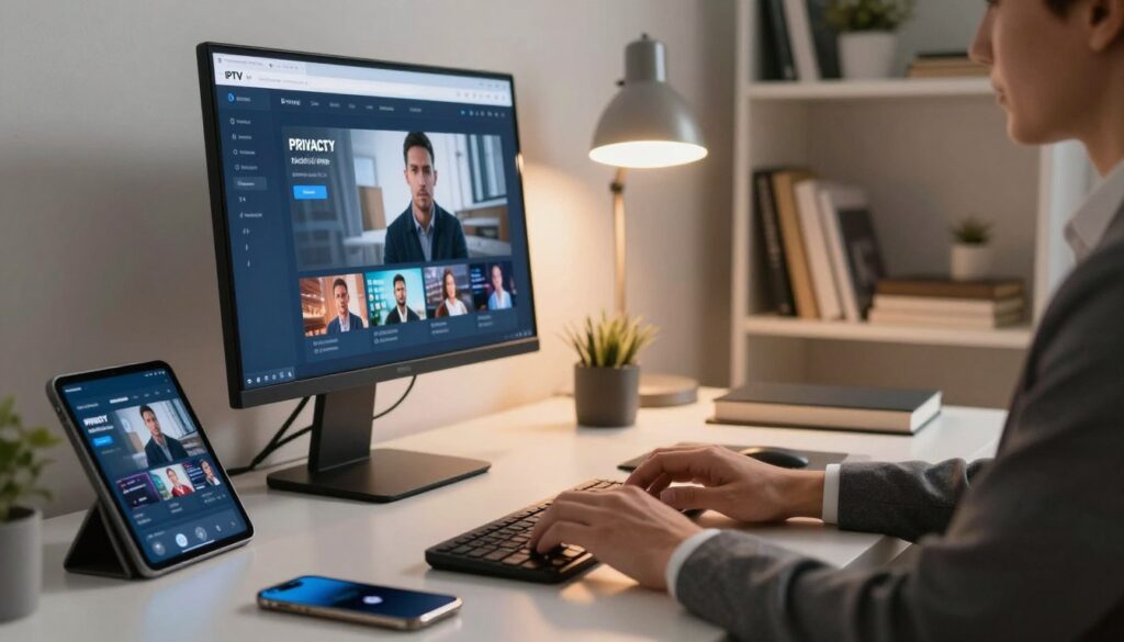A dynamic workspace setting featuring a stylish desk with a computer displaying a streaming interface, surrounded by devices like a tablet and smartphone. In the foreground, a pair of professional business-attired hands typing on the keyboard, reflecting a sense of organization and security. The middle layer showcases a sleek, modern home environment with warm, inviting lighting emanating from a desk lamp, creating a focused atmosphere. In the background, a minimalist bookshelf adorned with books on privacy and technology, subtly reinforcing the theme. The overall mood is one of professionalism and vigilance, emphasizing the importance of protecting one's privacy while enjoying IPTV services. The composition should be shot from a slight angle to capture the depth of the workspace.