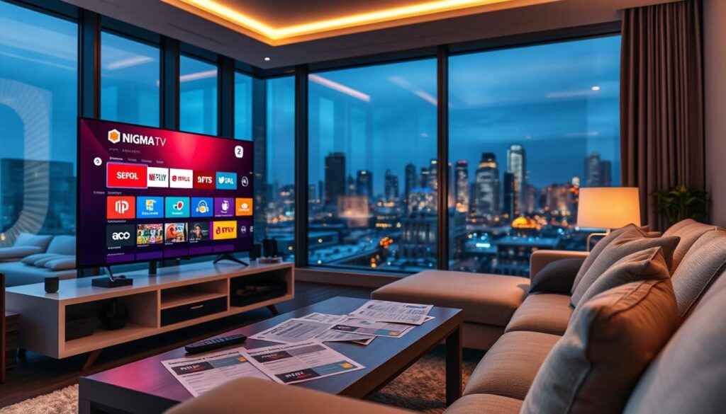 A futuristic living room scene showcasing IPTV service in 2027. In the foreground, a sleek and modern television with an interactive interface displaying the "Nigma TV" logo and various streaming options. A comfortable sofa sits nearby, with a remote control on the armrest, emphasizing an inviting atmosphere. In the middle ground, a coffee table adorned with subscription plan leaflets and pricing comparisons, suggesting careful consideration of costs. The background features large windows with a city skyline, illuminated by evening lights, casting a warm glow across the room. Soft, ambient lighting creates a relaxed mood, with the lens focusing on the TV screen while slightly blurring the surrounding elements, representing the blend of technology and comfort in daily life. A futuristic living room scene showcasing IPTV service in 2027. In the foreground, a sleek and modern television with an interactive interface displaying the "Nigma TV" logo and various streaming options. A comfortable sofa sits nearby, with a remote control on the armrest, emphasizing an inviting atmosphere. In the middle ground, a coffee table adorned with subscription plan leaflets and pricing comparisons, suggesting careful consideration of costs. The background features large windows with a city skyline, illuminated by evening lights, casting a warm glow across the room. Soft, ambient lighting creates a relaxed mood, with the lens focusing on the TV screen while slightly blurring the surrounding elements, representing the blend of technology and comfort in daily life.