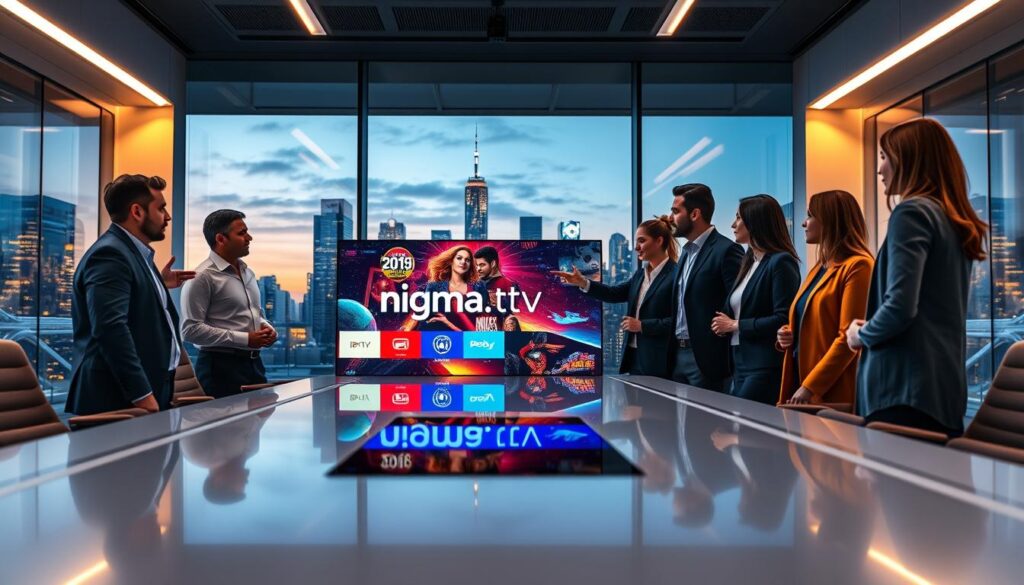 A futuristic office environment showcasing a diverse group of professionals, including men and women in smart casual attire, gathered around a sleek conference table. The foreground features a digital screen displaying vibrant IPTV interface graphics with the brand name "nigma tv" prominently featured. In the middle, the professionals engage in dynamic discussion, pointing at the screen and exchanging ideas. The background contains large windows overlooking a city skyline at dusk, with warm ambient lighting filtering through. Use a wide-angle lens to capture the excitement in the room, emphasizing collaboration and innovation within the IPTV sector for 2027. The mood is energetic and forward-thinking, highlighting NIGMA.TV's leadership in the IPTV market. A futuristic office environment showcasing a diverse group of professionals, including men and women in smart casual attire, gathered around a sleek conference table. The foreground features a digital screen displaying vibrant IPTV interface graphics with the brand name "nigma tv" prominently featured. In the middle, the professionals engage in dynamic discussion, pointing at the screen and exchanging ideas. The background contains large windows overlooking a city skyline at dusk, with warm ambient lighting filtering through. Use a wide-angle lens to capture the excitement in the room, emphasizing collaboration and innovation within the IPTV sector for 2027. The mood is energetic and forward-thinking, highlighting NIGMA.TV's leadership in the IPTV market.