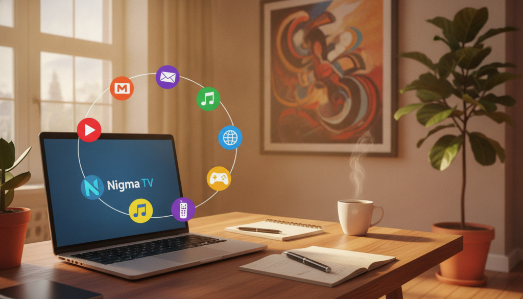 A modern, artistic representation of an "affordable IPTV subscription," featuring a stylish desktop setup. In the foreground, a sleek laptop displays the Nigma TV logo on the screen, surrounded by vibrant streaming icons representing various genres. The middle ground includes a well-organized workspace, showing a notepad and a coffee mug, indicating a professional atmosphere. The background reveals a cozy room with soft lighting, a colorful abstract painting, and a potted plant, suggesting a comfortable viewing experience. The scene is bright and inviting, evoking a sense of accessibility and community in streaming services. Use a warm color palette with a focus on natural light, and capture the image from a slightly angled perspective for dynamic depth.