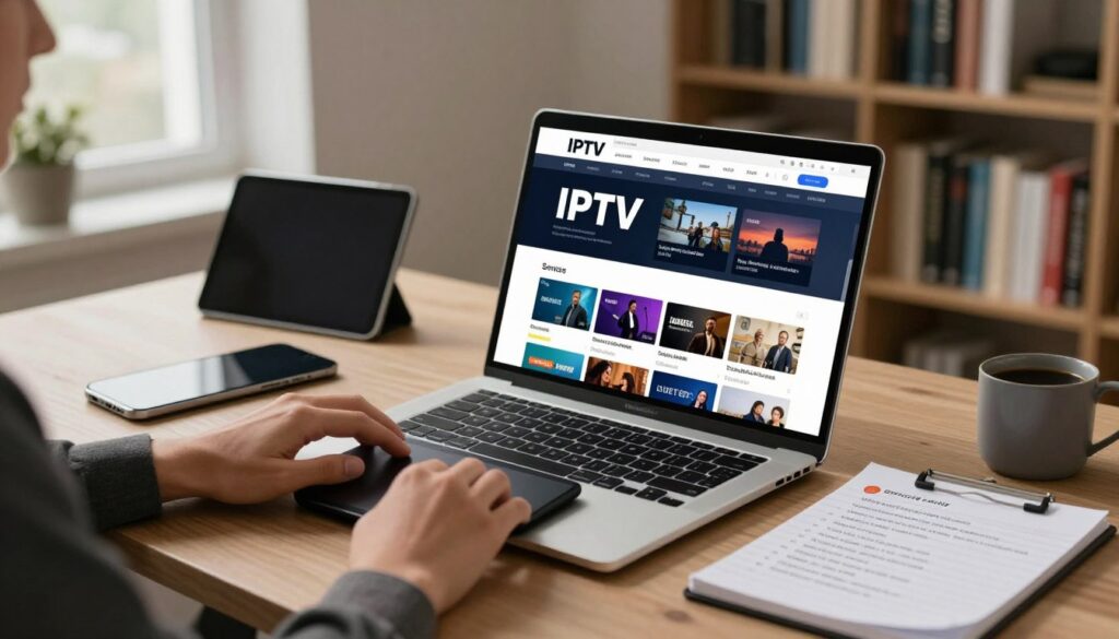 A modern home office scene focused on a laptop displaying a detailed IPTV service dashboard, showcasing various streaming options. In the foreground, a pair of hands, clad in professional business attire, interact with the touchpad. The middle ground features a sleek desk cluttered with devices like a tablet, smartphone, and a notepad filled with user reviews. Soft, warm lighting illuminates the room, creating a cozy atmosphere that conveys trust and reliability. The background features a bookshelf filled with tech-related books, a subtle hint of a window showing a cloudy UK sky to place the scene geographically. The overall mood is professional and analytical, emphasizing the evaluation of service reliability.