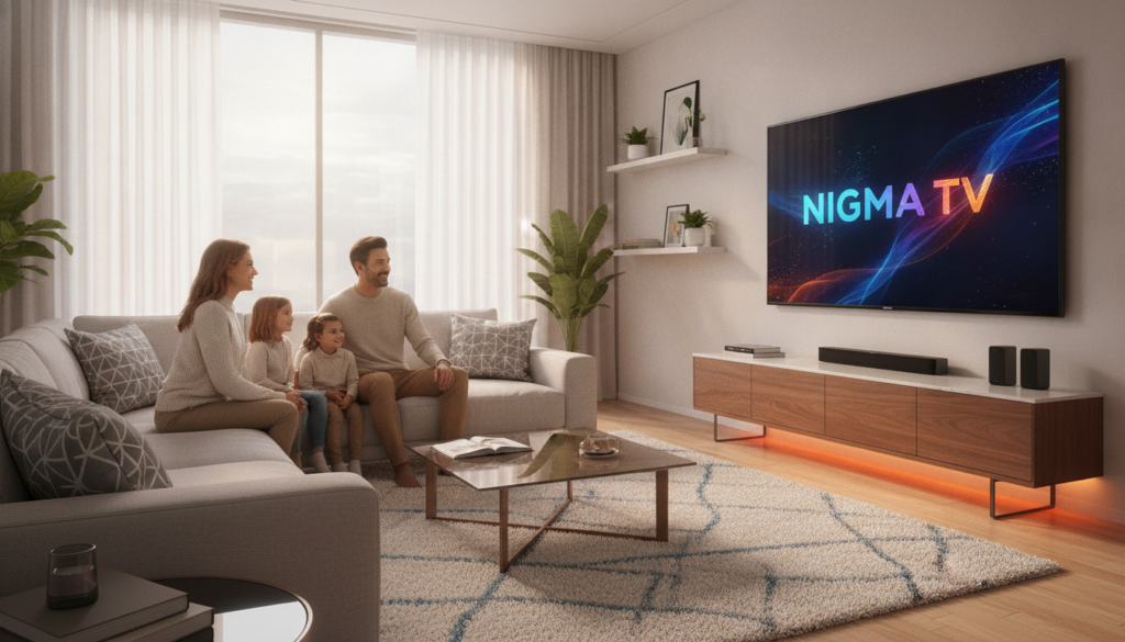 A modern living room equipped for streaming, showcasing a high-definition TV displaying the logo of "nigma tv" prominently in vibrant colors. In the foreground, a relaxed family of four, dressed in smart-casual attire, is seated together on a comfortable sofa, enjoying their IPTV service. The middle ground features a sleek media console with streaming devices, surrounded by soft, ambient lighting that creates a cozy atmosphere. In the background, there is a large window allowing natural light to stream in, enhancing the warmth of the space. The room is styled with contemporary decor, evoking a sense of reliability and comfort in entertainment. The overall mood is cheerful and inviting, emphasizing the theme of dependable streaming services with a feeling of togetherness.
