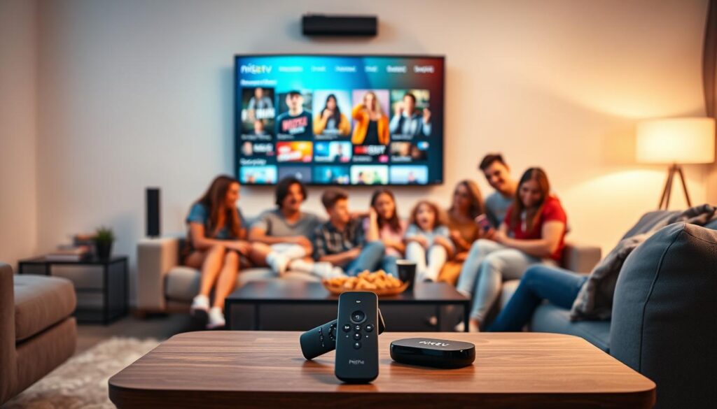 A modern living room featuring a Fire TV displaying vibrant IPTV content from NIGMA.TV. In the foreground, a sleek coffee table with a remote control and snacks. The middle ground shows a comfortable sofa with a family of diverse individuals, dressed casually, engaged in watching the TV, exuding excitement and enjoyment. The background includes a wall-mounted Fire TV surrounded by subtle ambient lighting that creates a warm and inviting atmosphere. Use a slightly tilted angle to capture the scene interactively. Soft lighting highlights the vivid colors on the screen, showcasing entertainment options like movies and shows, reflecting a futuristic home entertainment setup. The overall mood is lively and cheerful, demonstrating the enhanced viewing experience with NIGMA.TV on Fire TV. A modern living room featuring a Fire TV displaying vibrant IPTV content from NIGMA.TV. In the foreground, a sleek coffee table with a remote control and snacks. The middle ground shows a comfortable sofa with a family of diverse individuals, dressed casually, engaged in watching the TV, exuding excitement and enjoyment. The background includes a wall-mounted Fire TV surrounded by subtle ambient lighting that creates a warm and inviting atmosphere. Use a slightly tilted angle to capture the scene interactively. Soft lighting highlights the vivid colors on the screen, showcasing entertainment options like movies and shows, reflecting a futuristic home entertainment setup. The overall mood is lively and cheerful, demonstrating the enhanced viewing experience with NIGMA.TV on Fire TV.