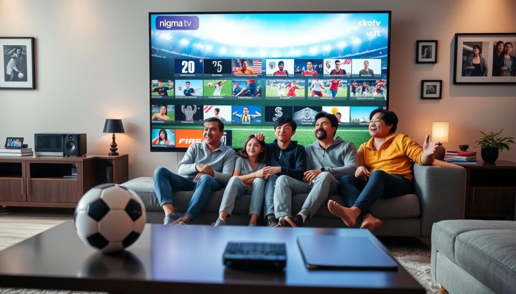 A modern living room featuring a large, sleek flat-screen TV showcasing an array of sports channels from "nigma tv." In the foreground, a stylish coffee table with sports-themed decor, like a soccer ball and a remote control. The middle ground displays a comfortable couch with a family casually dressed in professional-looking loungewear, eagerly watching a thrilling live sports event, their expressions filled with excitement. The background includes soft, ambient lighting that creates a warm atmosphere, with framed sports memorabilia adorning the walls. The scene is captured from a slightly elevated angle, emphasizing the interaction between the viewers and the vibrant screen, reflecting a sense of community and enjoyment in sports viewing.