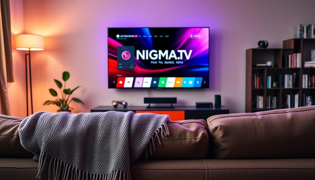 A modern living room featuring a sleek LG Smart TV displaying high-resolution 4K IPTV content with the brand name "NIGMA.TV". In the foreground, a comfortable sofa with a stylish throw blanket is set up for viewing. In the middle ground, the TV is mounted on a wall, with vibrant colors emanating from the screen, showcasing a streaming interface. The room is warmly lit with soft ambient lighting, creating a cozy atmosphere. In the background, there are decorative elements like a potted plant and a bookshelf filled with novels. The perspective is from a slightly lower angle, creating a welcoming and inviting scene perfect for enjoying television. The overall mood is modern and sophisticated, emphasizing relaxation and entertainment.