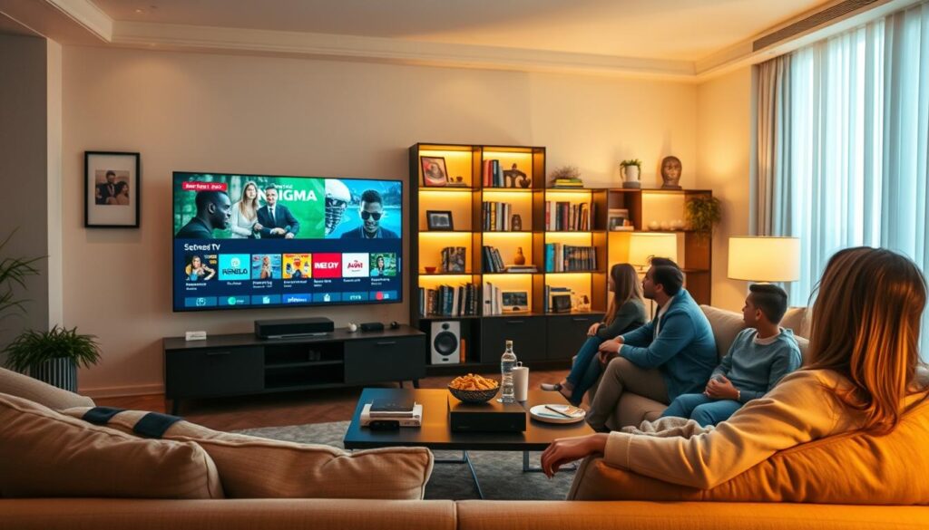 A modern living room featuring a sleek, flat-screen TV displaying vibrant live streaming content from "nigma tv." In the foreground, a comfortable sofa with plush cushions invites a relaxed viewing experience. On the coffee table, various streaming devices and snacks suggest an engaging entertainment setup. In the middle, a stylish bookshelf filled with movies and series adds to the cozy ambiance. The background showcases warm ambient lighting that creates an inviting atmosphere, enhanced by soft shadows and a gentle glow from lamps. The scene captures a family or friends enjoying diverse channels, dressed in casual yet tidy clothing, highlighting the joy of navigating a vast channel library. The image conveys a mood of excitement and leisure, perfect for illustrating the ultimate streaming experience.