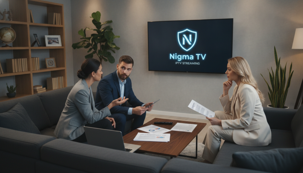 A modern living room scene featuring a sleek television displaying the Nigma TV logo prominently on the screen, symbolizing IPTV streaming. In the foreground, a diverse group of three individuals in professional business attire are seated on a stylish couch, discussing the features of IPTV with a focus on security and legal considerations. The middle ground showcases a coffee table with tech gadgets and documents related to streaming laws. The background features a warm, inviting ambiance with soft lighting and decorative elements like a bookshelf and indoor plants. The overall mood conveys a sense of reliability and professionalism, emphasizing the importance of secure streaming practices in the USA.