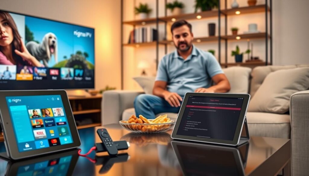 A modern living room setting featuring a sleek Amazon Fire TV Stick plugged into a flat-screen television. In the foreground, a tablet displaying the Nigma IPTV interface is resting on a stylish coffee table, surrounded by snacks and a remote control. In the middle ground, a well-dressed individual, casually dressed in a neat polo shirt and jeans, is seated comfortably on a plush sofa, engaged in troubleshooting connectivity issues, their expression thoughtful. The background includes shelves filled with books and decorative plants, bathed in warm, inviting lighting, suggesting a cozy evening at home. The overall atmosphere is relaxed yet focused, emphasizing the process of resolving streaming issues effectively.