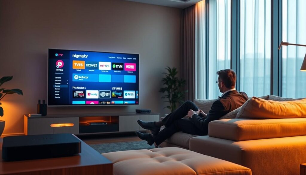 A modern living room setting showcasing a high-quality IPTV service featuring "nigma tv". In the foreground, a sleek smart TV displays a vibrant user interface of streaming options and channels, illuminated by a soft glow. A person in professional attire, engrossed in watching, is comfortably seated on a stylish couch, surrounded by ambient lighting that highlights the sleek, minimalistic decor. In the middle ground, a streaming device sits elegantly on a stylish shelf, indicating cutting-edge technology. The background features large windows with soft, natural light pouring in, enhancing the cozy yet sophisticated atmosphere. The overall mood is one of comfort and advanced technology, inviting viewers to envision their own best IPTV experience.