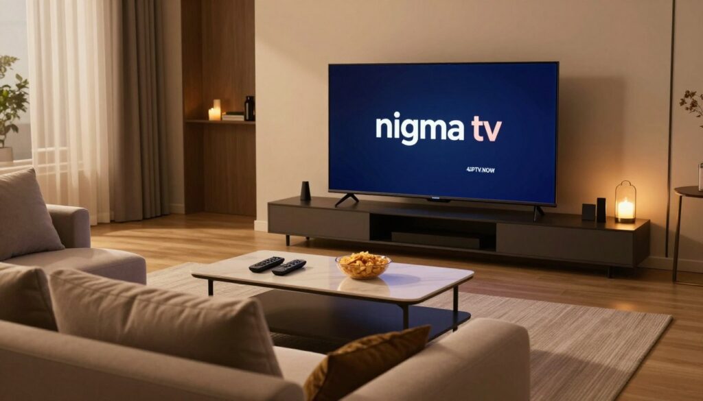 A modern living room setup featuring a sleek smart TV prominently displaying the logo of "nigma tv" as it streams content from 4KIPTV.NOW. In the foreground, a stylish, comfortable couch with plush cushions invites viewers to sit down and enjoy. The middle ground includes a clean, elegant coffee table with remote controls and a bowl of snacks. The background should depict a softly lit room with warm ambient lighting, creating a cozy atmosphere. Use a wide-angle lens to capture the entire scene from a low angle, emphasizing the inviting nature of television viewing. The overall mood is relaxed and inviting, perfect for a smooth viewing experience. A modern living room setup featuring a sleek smart TV prominently displaying the logo of "nigma tv" as it streams content from 4KIPTV.NOW. In the foreground, a stylish, comfortable couch with plush cushions invites viewers to sit down and enjoy. The middle ground includes a clean, elegant coffee table with remote controls and a bowl of snacks. The background should depict a softly lit room with warm ambient lighting, creating a cozy atmosphere. Use a wide-angle lens to capture the entire scene from a low angle, emphasizing the inviting nature of television viewing. The overall mood is relaxed and inviting, perfect for a smooth viewing experience.
