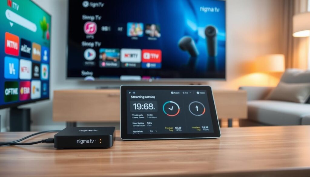 A modern living room setup illustrating IPTV streaming services optimization. In the foreground, a sleek smart TV displays a vibrant user interface of various IPTV apps, including "nigma tv." To the left, a compact media streaming device is connected, with visible cables for clarity. In the middle, a stylish coffee table holds a digital tablet showing streaming statistics like bandwidth and buffering controls, hinting at optimization tips. The background features a cozy sofa and warm lighting, creating an inviting ambiance. Soft lens focus enhances the foreground elements while maintaining a clear background, capturing a sense of advanced technology and comfort, perfect for high-quality playback in a home environment. The mood is professional yet relaxed, emphasizing tech-savvy living.