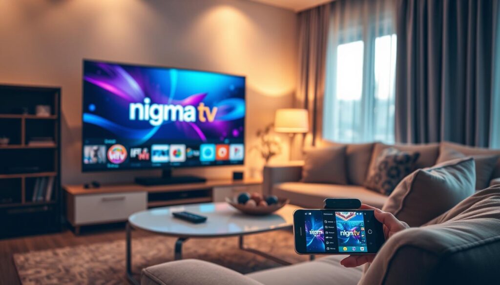 A modern living room setup showcasing IPTV services. In the foreground, a high-definition television screen displays the logo of "nigma tv" with dynamic streaming visuals. Surrounding the TV, a sleek coffee table holds a remote control and a smartphone displaying the IPTV app interface. In the middle ground, a comfortable sofa with minimalist decor invites relaxation, adorned with a decorative pillow. The background features a large window allowing natural light to filter through, casting soft shadows across the room. The overall atmosphere is inviting and tech-savvy, embodying a contemporary home entertainment experience. The lighting is warm and cozy, ideal for evening viewing, with a slight hint of blue from the TV screen. Shot from a slightly elevated angle to capture the entire scene effectively.