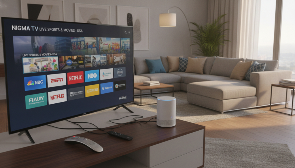 A modern living room showcasing a high-quality IPTV streaming setup tailored for USA residents. In the foreground, a sleek, flat-screen television displays the NIGMA TV interface with vibrant streaming content. The middle ground features a stylish coffee table with remote controls and a high-speed router, emphasizing the importance of connectivity. The background includes a cozy sofa with comfortable cushions and tasteful decor, bathed in warm, natural light from a nearby window. The scene conveys a relaxed and inviting atmosphere, promoting a sense of premium entertainment experience. The angle is slightly elevated, highlighting both the technology and the inviting space, while ensuring clarity and detail in the lighting. A modern living room showcasing a high-quality IPTV streaming setup tailored for USA residents. In the foreground, a sleek, flat-screen television displays the NIGMA TV interface with vibrant streaming content. The middle ground features a stylish coffee table with remote controls and a high-speed router, emphasizing the importance of connectivity. The background includes a cozy sofa with comfortable cushions and tasteful decor, bathed in warm, natural light from a nearby window. The scene conveys a relaxed and inviting atmosphere, promoting a sense of premium entertainment experience. The angle is slightly elevated, highlighting both the technology and the inviting space, while ensuring clarity and detail in the lighting.