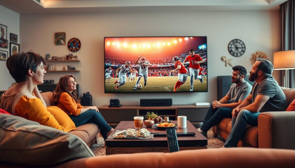 A modern living room showcasing a large, ultra-HD 4K television displaying an exciting sports event stream from "nigma tv". In the foreground, a comfortable sofa with vibrant cushions invites viewers to sit and enjoy. A sleek coffee table holds snacks and drinks, creating a relaxed atmosphere. The middle layer features a smart remote prominently placed, hinting at user interaction with the IPTV service. Background elements include a warm, welcoming ambiance with soft lighting and sporting memorabilia on the walls, emphasizing a passion for sports. The scene captures a joyful family atmosphere, with individuals dressed in casual but tidy clothing, all engaged in the game, radiating excitement and anticipation. The angle is slightly elevated, providing a broad view of the entire setup, immersing viewers in the experience.