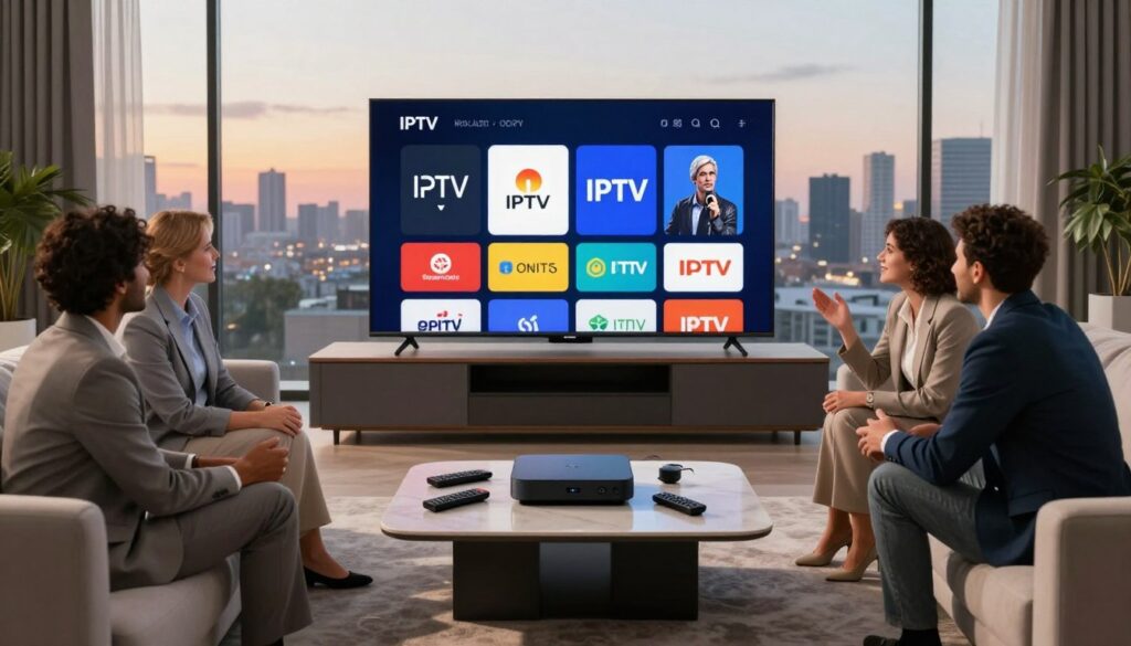 A modern living room with a sleek, high-tech television displaying various IPTV service logos in an artistic layout. In the foreground, a diverse group of three individuals dressed in professional business attire sits on a stylish sofa, engaging in conversation and watching the screen intently. The middle layer features a contemporary coffee table with streaming devices and remote controls scattered around, enhancing the tech-savvy atmosphere. The background reveals large windows with a city skyline, bathed in soft, natural light as daylight fades into a warm evening glow. The overall mood is vibrant and optimistic, showcasing the evolution of streaming in 2026 with a focus on innovation and community.