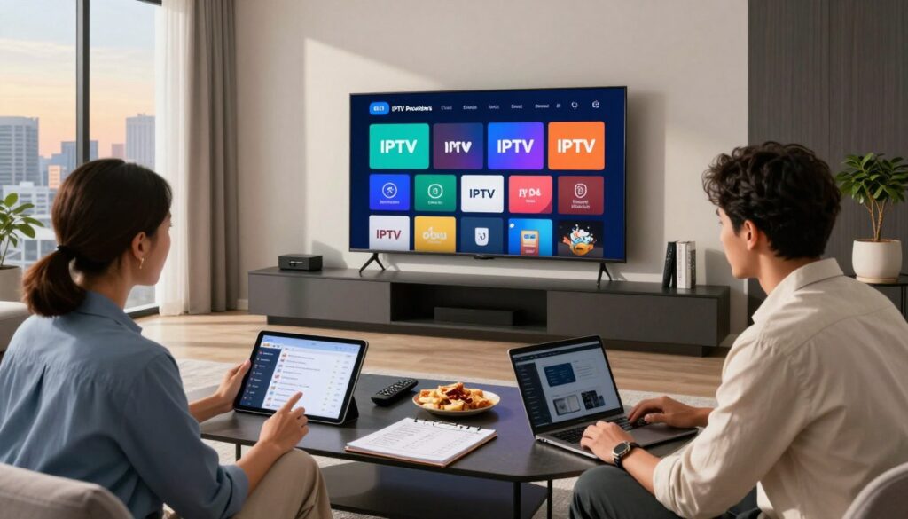 A modern, sleek living room featuring a large wall-mounted TV displaying a colorful interface of various IPTV service icons. In the foreground, a diverse group of three professionals, dressed in smart casual attire, are discussing the best IPTV providers, analyzing their features on a tablet and a laptop. The middle ground showcases a stylish coffee table with remote controls, snacks, and a notepad filled with notes and rankings. The background gives a glimpse of a vibrant city skyline through large windows, bathed in warm afternoon light. The overall atmosphere is engaging and collaborative, conveying a sense of research and discovery. Use a wide-angle lens for a dynamic perspective, ensuring balanced lighting creates a welcoming and energetic mood.