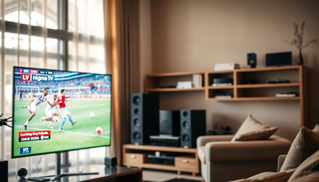 A professional and engaging image showcasing "nigma tv" as a reliable IPTV provider. In the foreground, a sleek modern television displaying a vibrant sports channel, with sports highlights on screen, capturing the excitement of live games. In the middle ground, a stylish home entertainment setup featuring a high-quality sound system and comfortable seating, emphasizing a user-friendly environment. The background includes a bookshelf with tech gadgets and a window allowing soft, natural light to flood in, creating a warm and inviting atmosphere. The lens captures the scene at a slight angle, enhancing depth. The overall mood is one of reliability, comfort, and a shared passion for sports, appealing to potential IPTV customers. A professional and engaging image showcasing "nigma tv" as a reliable IPTV provider. In the foreground, a sleek modern television displaying a vibrant sports channel, with sports highlights on screen, capturing the excitement of live games. In the middle ground, a stylish home entertainment setup featuring a high-quality sound system and comfortable seating, emphasizing a user-friendly environment. The background includes a bookshelf with tech gadgets and a window allowing soft, natural light to flood in, creating a warm and inviting atmosphere. The lens captures the scene at a slight angle, enhancing depth. The overall mood is one of reliability, comfort, and a shared passion for sports, appealing to potential IPTV customers.
