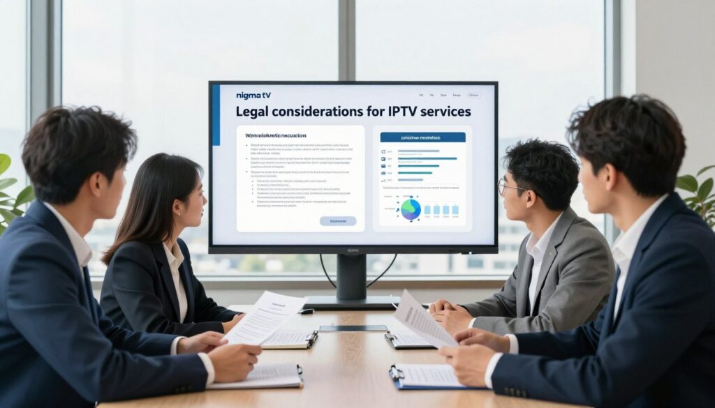 A professional office setting, focusing on "legal considerations for IPTV services." In the foreground, a diverse group of business professionals in smart attire—two men and two women—are engaged in a serious discussion around a table, examining legal documents related to IPTV. In the middle ground, a large screen displays the logo "nigma tv," along with visuals of compliance regulations and digital content rights charts. The background features tall windows with sunlight streaming in, creating a bright and open atmosphere that conveys trust and professionalism. The scene is captured with a wide-angle lens to focus on the team collaboration, and soft, diffused lighting emphasizes the importance of legal safety in streaming services while evoking a sense of responsibility and diligence.