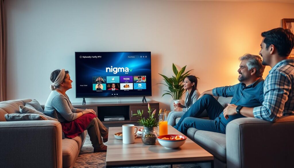 A professional, sleek living room setting showcasing a modern flat-screen TV displaying a high-quality IPTV streaming interface, featuring the brand name "nigma tv." In the foreground, a diverse group of viewers—two adults and a child—are seated comfortably on a plush sofa, dressed in casual, modest clothing, engaged and smiling as they enjoy various shows. The middle ground captures a stylish coffee table with snacks and drinks, while a vibrant houseplant adds a touch of greenery. The background features a well-lit room with warm, ambient lighting, creating an inviting and cozy atmosphere. The overall mood is one of relaxation and family entertainment, highlighting reliable IPTV solutions for different U.S. viewers. A professional, sleek living room setting showcasing a modern flat-screen TV displaying a high-quality IPTV streaming interface, featuring the brand name "nigma tv." In the foreground, a diverse group of viewers—two adults and a child—are seated comfortably on a plush sofa, dressed in casual, modest clothing, engaged and smiling as they enjoy various shows. The middle ground captures a stylish coffee table with snacks and drinks, while a vibrant houseplant adds a touch of greenery. The background features a well-lit room with warm, ambient lighting, creating an inviting and cozy atmosphere. The overall mood is one of relaxation and family entertainment, highlighting reliable IPTV solutions for different U.S. viewers.