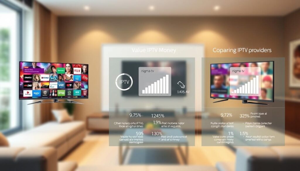 A professional, visually striking comparison graphic illustrating various IPTV providers, prominently featuring "nigma tv." In the foreground, display three sleek, modern television screens showing vibrant streaming interfaces, each representing different pricing models. In the middle, include transparent infographics with graphs and icons highlighting features and value for money, such as subscription rates and content variety. The background should be a blurred living room setting with comfortable furniture and soft lighting, creating an inviting atmosphere for viewers. Use warm tones and balanced lighting to evoke optimism and excitement about streaming possibilities. Aim for a clean, organized layout that emphasizes clarity and professionalism without any text or branding that distracts from the visual comparison.