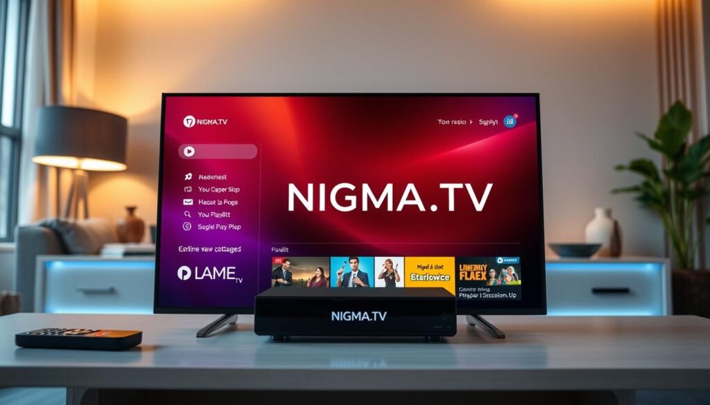 A sleek and modern IPTV media player interface featuring the brand name "NIGMA.TV" prominently displayed. In the foreground, showcase a high-resolution screen displaying a vibrant playlist management system with icons and visuals of various streaming options. The middle layer should include subtle elements such as a remote control and entertainment setup, with a cozy living room ambiance. In the background, depict soft ambient lighting to create a warm and inviting atmosphere, suggesting a relaxing home entertainment experience. The overall mood should be engaging and tech-savvy, evoking excitement for advanced playlist management. Use a wide-angle lens effect to emphasize the player and interface as the focal point of the image.