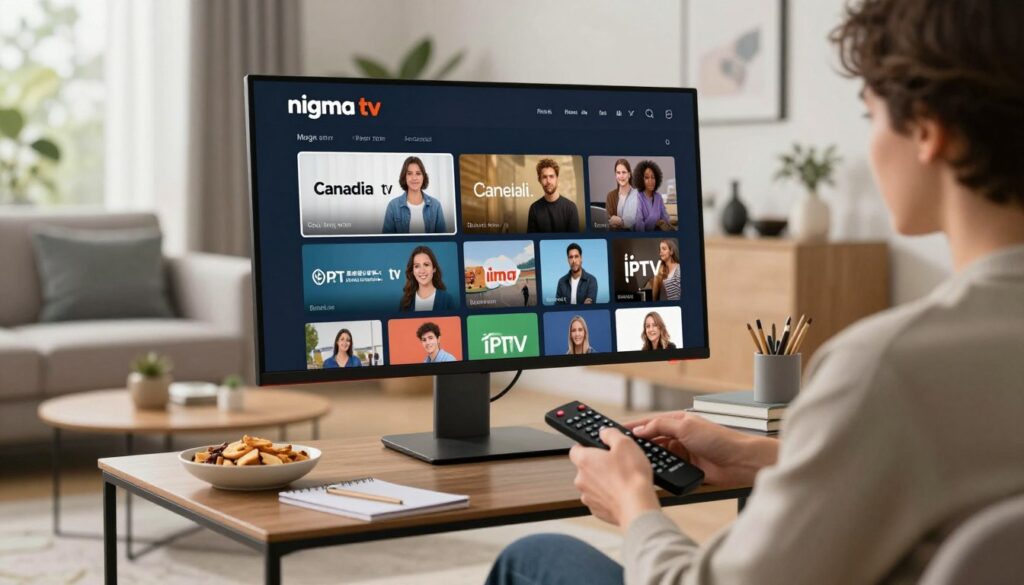 A sleek and modern digital workspace featuring a large, high-definition monitor displaying the "nigma tv" interface, showcasing a selection of popular Canadian IPTV channels. In the foreground, a professional-looking individual, dressed in casual business attire, is interacting with the remote control, their focused expression reflecting a personalized viewing experience. The middle ground captures a stylish coffee table with snacks and a notepad, emphasizing a cozy home viewing atmosphere. In the background, a well-lit living room with contemporary décor, featuring large windows letting in natural light, sets a warm tone. The overall mood is inviting and engaging, perfect for a family or individual choosing the best IPTV service for their viewing habits in Canada.