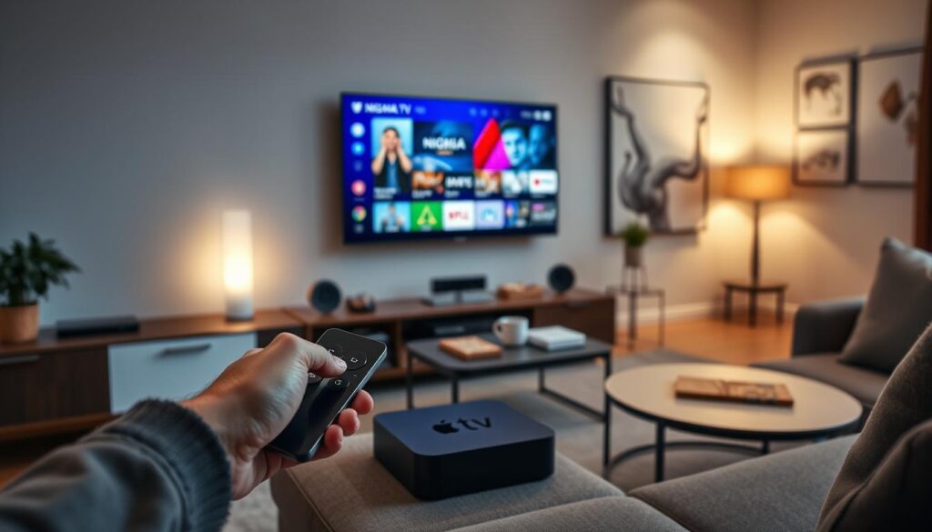 A sleek and modern living room featuring an Apple TV 4K prominently displayed on a stylish media console. In the foreground, a consumer's hand interacts with a remote, navigating through vibrant IPTV options on the TV screen, showcasing the NIGMA.TV interface. The middle ground includes a comfortable couch and a coffee table with a few tech gadgets and snacks, contributing to a cozy atmosphere. In the background, soft ambient lighting creates a warm atmosphere, with a subtle focus on abstract art on the walls. The scene is captured from a slightly elevated angle, conveying a sense of engagement and excitement around the viewing experience. The lighting is soft yet clear, perfect for highlighting the technology without harsh contrasts. A sleek and modern living room featuring an Apple TV 4K prominently displayed on a stylish media console. In the foreground, a consumer's hand interacts with a remote, navigating through vibrant IPTV options on the TV screen, showcasing the NIGMA.TV interface. The middle ground includes a comfortable couch and a coffee table with a few tech gadgets and snacks, contributing to a cozy atmosphere. In the background, soft ambient lighting creates a warm atmosphere, with a subtle focus on abstract art on the walls. The scene is captured from a slightly elevated angle, conveying a sense of engagement and excitement around the viewing experience. The lighting is soft yet clear, perfect for highlighting the technology without harsh contrasts.