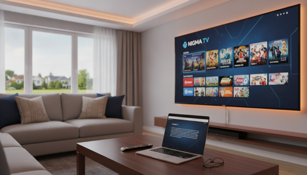 A sleek and modern living room setting focusing on an Android device showcasing the "nigma tv" IPTV subscription interface. In the foreground, prominently display a stylish coffee table with a remote control and an open laptop, indicating the user’s engagement in streaming. The middle ground features a large flat-screen TV mounted on the wall, displaying vibrant visuals of captivating content, symbolizing entertainment at the user’s fingertips. Soft, warm lighting illuminates the scene, creating an inviting atmosphere. In the background, a cozy couch with pillows invites relaxation, while a window reveals a sunlit suburban view, enhancing the feeling of home. This composition embodies the legal and safety considerations for IPTV users, radiating a sense of modern technology and responsible enjoyment.