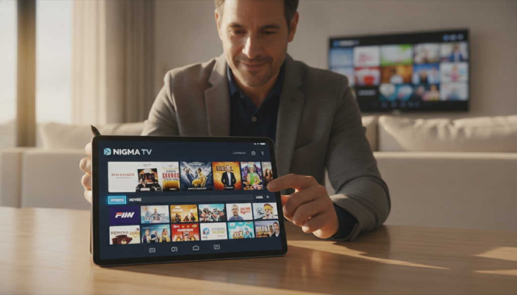 A sleek and modern user interface of the "nigma tv" IPTV app displayed on a high-resolution tablet, situated on a stylish wooden table. In the foreground, the tablet screen vividly shows vibrant streaming channels and categories, emphasizing options like sports, movies, and live TV. In the middle ground, a professional user in smart casual attire sits with a focused expression, interacting with the app. Soft, warm lighting highlights the scene, creating an inviting atmosphere. In the background, a contemporary living room setting includes a comfortable couch and a television broadcasting a variety of shows, subtly hinting at a premium streaming experience. The composition captures a sense of discovery and comparison with other IPTV services, allowing viewers to visualize the quality and appeal of NIGMA TV.