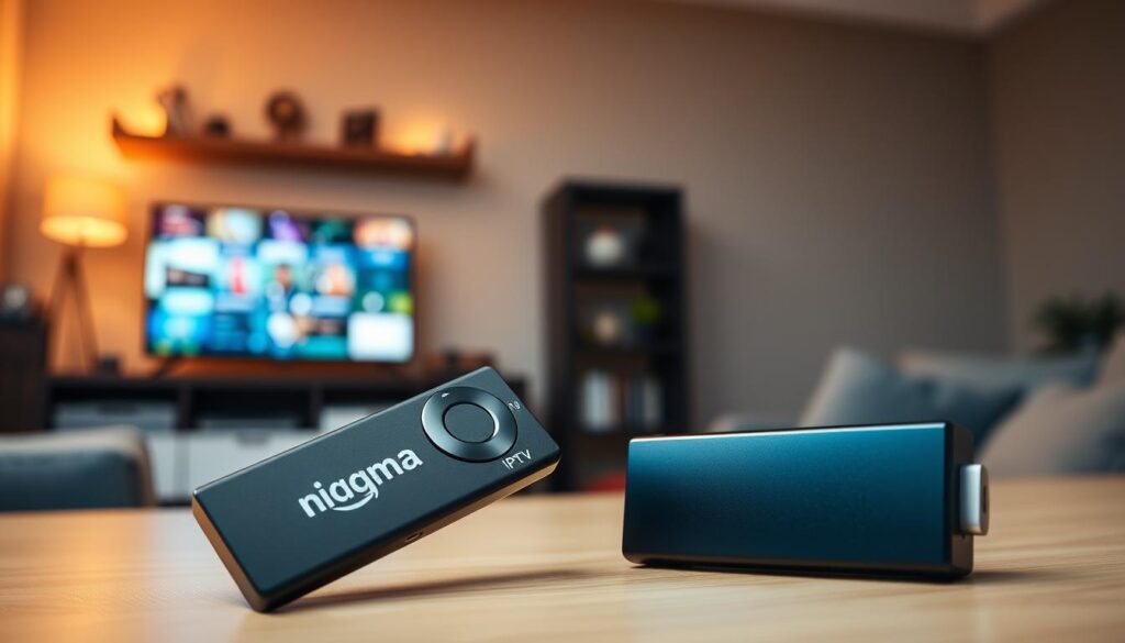 A sleek, high-quality Amazon Fire Stick prominently featured in the foreground, showcasing its modern design with glossy surfaces and the NIGMA.TV logo. In the middle background, a cozy living space is visible, including a stylish television displaying vibrant streaming content, emphasizing the immersive IPTV experience. Soft ambient lighting casts a warm glow throughout the room, creating an inviting atmosphere. The background includes subtle hints of a contemporary entertainment setup, such as a well-organized shelf with streaming devices and decor. A shallow depth of field focuses attention on the Fire Stick while softly blurring the background, lending a professional and polished look. The mood is engaging and dynamic, suggesting the excitement of premium streaming options for United States viewers.