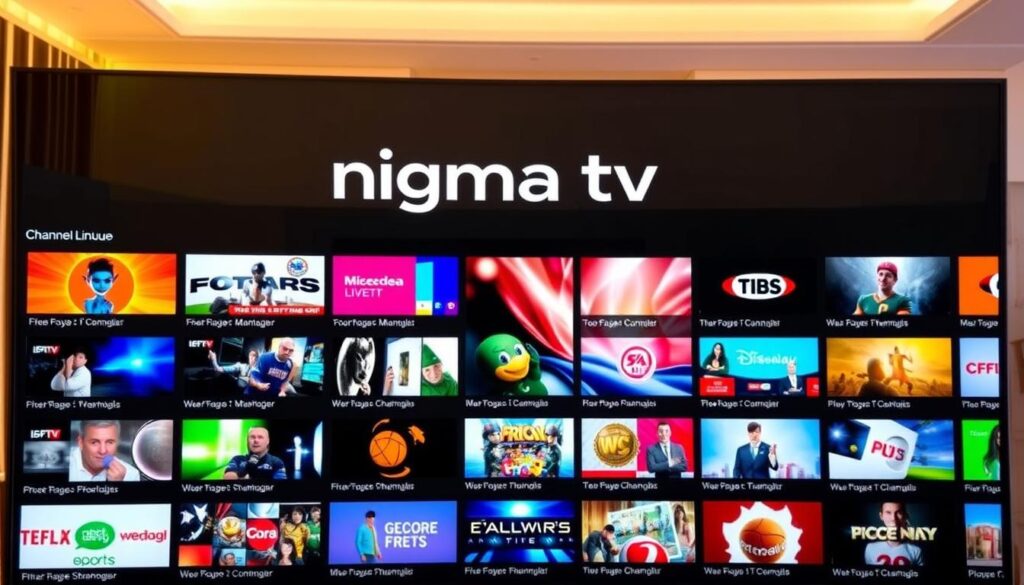 A sleek, modern digital interface displaying an IPTV channel lineup for "nigma tv". In the foreground, vibrant thumbnails of various live TV channels, such as sports, news, movies, and family entertainment, arranged in an appealing grid format. The middle layer features a dynamic, colorful background of a living room setting with a large flat-screen TV showing one of the channels in action. Soft, warm lighting creates a cozy atmosphere, emphasizing the excitement of live TV. The camera angle is slightly tilted to give depth, focusing on the TV screen while keeping the lineup visually engaging. The overall mood is energetic and inviting, reflecting the diverse channel coverage and premium content quality of IPTV offerings.