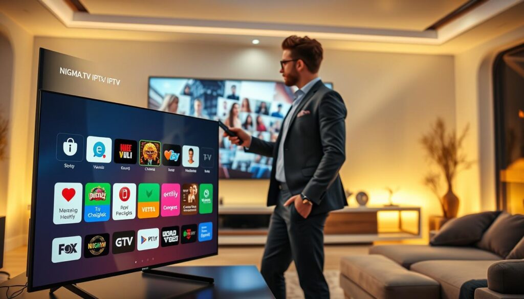 A sleek, modern digital interface showcasing the NIGMA.TV IPTV service, prominently displayed in the foreground with vibrant icons representing various channels and streaming options. In the middle ground, a stylish, professional user interacting with a large screen, browsing through content with a remote control, dressed in smart casual attire. The background features a futuristic living room setting with ambient lighting casting a warm glow, emphasizing a comfortable and inviting atmosphere. Soft reflections off the screen add depth and a sense of high technology, while the angles highlight the user’s engagement with the IPTV service. The overall mood is dynamic and contemporary, clearly illustrating the competitive edge of NIGMA.TV in the IPTV market.