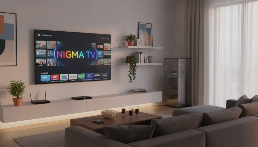 A sleek, modern living room bathed in warm, inviting light, designed for optimal viewing of IPTV channels in the USA. In the foreground, a large, state-of-the-art flat-screen TV displaying the "nigma tv" logo with vibrant colorful graphics showcasing various popular channels. A stylish coffee table adorned with remote controls and snacks sits in front of a comfortable sofa. The middle ground features a decorative shelf with streaming devices, plants, and books, conveying a cozy yet high-tech ambiance. In the background, large windows with soft curtains let in natural light, enhancing the relaxing atmosphere. The scene captures a serene yet engaging mood, ideal for a family or friends gathering to enjoy their favorite shows together. The room’s decor includes modern artwork and a subtle hint of technology integrated seamlessly.