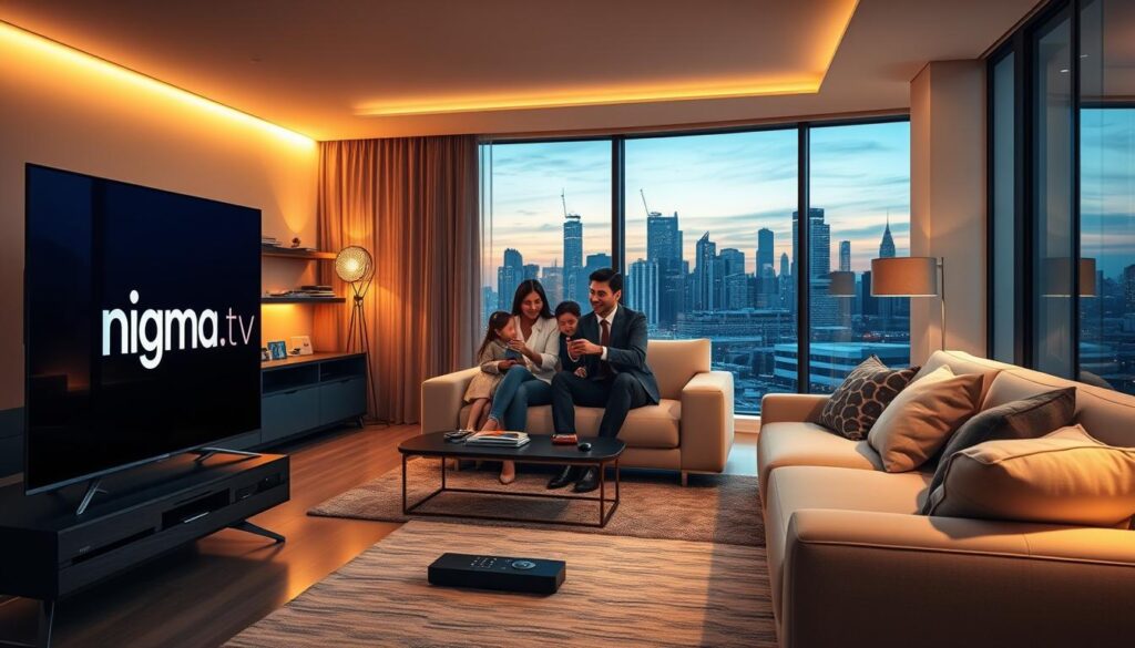 A sleek, modern living room scene showcasing the concept of IPTV subscription services in 2027. In the foreground, a stylish TV with the "nigma tv" logo prominently displayed, connected to a smart device. In the middle, a cozy sofa with a family enjoying content, dressed in professional business attire, with a remote in hand, surrounded by various streaming devices. The background features a high-tech entertainment center, softly illuminated by ambient lighting, creating a warm and inviting atmosphere. A large window displays a city skyline at dusk, symbolizing the future of home entertainment. The overall mood is vibrant and futuristic, highlighting the flexibility and value of IPTV subscriptions.