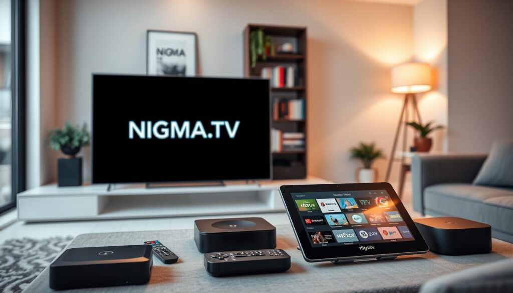 A sleek, modern living room setting as the foreground, featuring a large flat-screen TV displaying the NIGMA.TV logo prominently on the screen, symbolizing reliable IPTV options. In the middle, a stylish coffee table is adorned with IPTV streaming devices, a remote control, and a tablet showcasing various streaming options, emphasizing connectivity and user-friendliness. The background includes a cozy bookshelf filled with tech-related books and a potted plant for a touch of warmth. Soft, warm lighting enhances the inviting atmosphere, with a slight depth of field creating a professional yet relaxed mood. A sharp focus captures the essence of secure and responsible streaming, inviting viewers into a world of entertainment possibilities. A sleek, modern living room setting as the foreground, featuring a large flat-screen TV displaying the NIGMA.TV logo prominently on the screen, symbolizing reliable IPTV options. In the middle, a stylish coffee table is adorned with IPTV streaming devices, a remote control, and a tablet showcasing various streaming options, emphasizing connectivity and user-friendliness. The background includes a cozy bookshelf filled with tech-related books and a potted plant for a touch of warmth. Soft, warm lighting enhances the inviting atmosphere, with a slight depth of field creating a professional yet relaxed mood. A sharp focus captures the essence of secure and responsible streaming, inviting viewers into a world of entertainment possibilities.