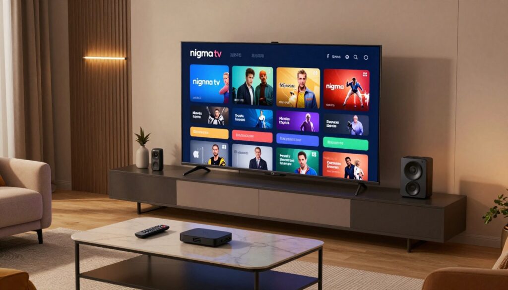 A sleek, modern living room setting serves as the backdrop for an IPTV channel lineup display. In the foreground, a large, high-definition television shows an engaging interface filled with vibrant channel icons and dynamic visuals, highlighting the variety of offerings like movies, sports, and documentaries available through "nigma tv". The middle ground features a stylish coffee table with a remote control and a few popular streaming devices, emphasizing the ease of access to content. Soft, ambient lighting casts a cozy glow throughout the room, creating an inviting atmosphere. The angle is a slightly elevated view, capturing both the TV and the room's decor, showcasing a contemporary design with plush furniture and decorative elements that resonate with U.S. viewers' entertainment preferences. A sleek, modern living room setting serves as the backdrop for an IPTV channel lineup display. In the foreground, a large, high-definition television shows an engaging interface filled with vibrant channel icons and dynamic visuals, highlighting the variety of offerings like movies, sports, and documentaries available through "nigma tv". The middle ground features a stylish coffee table with a remote control and a few popular streaming devices, emphasizing the ease of access to content. Soft, ambient lighting casts a cozy glow throughout the room, creating an inviting atmosphere. The angle is a slightly elevated view, capturing both the TV and the room's decor, showcasing a contemporary design with plush furniture and decorative elements that resonate with U.S. viewers' entertainment preferences.