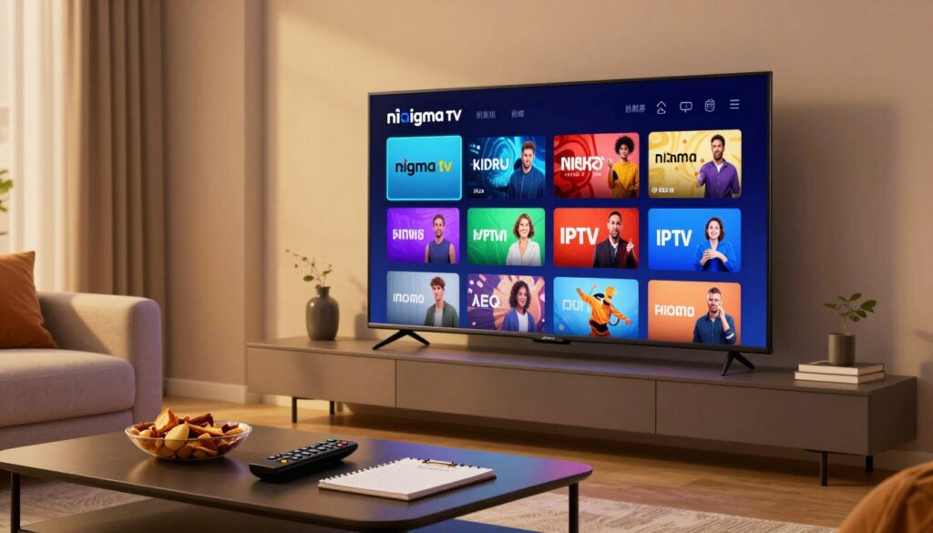 A sleek, modern living room setting showcasing the "nigma tv" interface displayed on a large flat-screen television. In the foreground, a stylish coffee table with a remote control, snacks, and a notepad indicates a cozy viewing environment. The middle includes a vibrant television screen featuring the nigma tv logo and various IPTV channel tiles, radiating colorful and engaging images. In the background, soft ambient lighting enhances the atmosphere, with warm yellow hues casting gentle shadows. A comfortable couch with decorative cushions invites viewers to sit and enjoy. The scene should convey a sense of relaxation and excitement for streaming, reflecting advanced technology and user-friendly features. Capture the image with a slightly angled perspective for depth, using soft focus to emphasize the television and its content as the focal point.