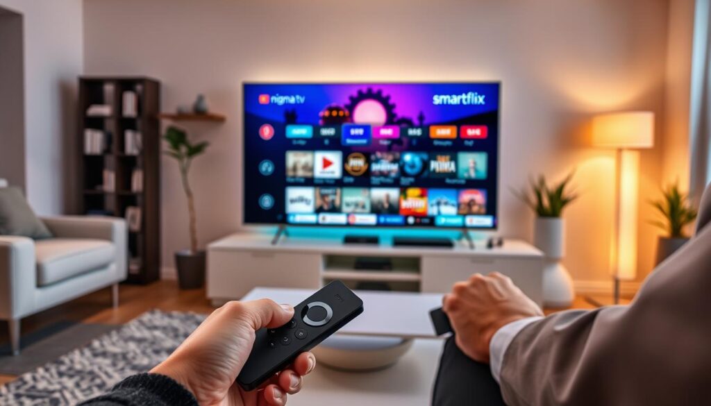 A sleek, modern living room setup featuring a recent model Amazon Fire Stick plugged into a high-definition television displaying the Smartiflix IPTV app interface. In the foreground, a remote control is prominently placed on a stylish coffee table, with a person in smart casual attire intently navigating the app. The middle ground includes the television screen glowing with vibrant colors of the Smartiflix interface, showcasing various streaming categories and content options. The background features soft ambient lighting creating a cozy atmosphere, with bookshelves and decorative plants adding a touch of home comfort. The overall mood is engaging and inviting, emphasizing the simplicity and user-friendly nature of the Smartiflix app experience in 2026. Include a subtle branding element of "nigma tv" integrated within the app interface. A sleek, modern living room setup featuring a recent model Amazon Fire Stick plugged into a high-definition television displaying the Smartiflix IPTV app interface. In the foreground, a remote control is prominently placed on a stylish coffee table, with a person in smart casual attire intently navigating the app. The middle ground includes the television screen glowing with vibrant colors of the Smartiflix interface, showcasing various streaming categories and content options. The background features soft ambient lighting creating a cozy atmosphere, with bookshelves and decorative plants adding a touch of home comfort. The overall mood is engaging and inviting, emphasizing the simplicity and user-friendly nature of the Smartiflix app experience in 2026. Include a subtle branding element of "nigma tv" integrated within the app interface.