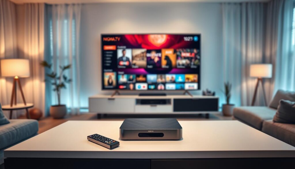 A sleek, modern living room showcasing an affordable IPTV player in 2027. In the foreground, the NIGMA.TV device is prominently displayed on a stylish media console, with a remote control nearby. The middle ground features a large, flat-screen TV displaying vibrant streaming content, hinting at a diverse selection of channels and shows. The background includes soft ambient lighting, with natural light filtering through sheer curtains, creating a warm and inviting atmosphere. Use a wide-angle lens perspective to capture the space, emphasizing the device's stylish design and functionality. The mood should convey accessibility and innovation, perfect for budget-conscious consumers looking for value in their entertainment choices. A sleek, modern living room showcasing an affordable IPTV player in 2027. In the foreground, the NIGMA.TV device is prominently displayed on a stylish media console, with a remote control nearby. The middle ground features a large, flat-screen TV displaying vibrant streaming content, hinting at a diverse selection of channels and shows. The background includes soft ambient lighting, with natural light filtering through sheer curtains, creating a warm and inviting atmosphere. Use a wide-angle lens perspective to capture the space, emphasizing the device's stylish design and functionality. The mood should convey accessibility and innovation, perfect for budget-conscious consumers looking for value in their entertainment choices.