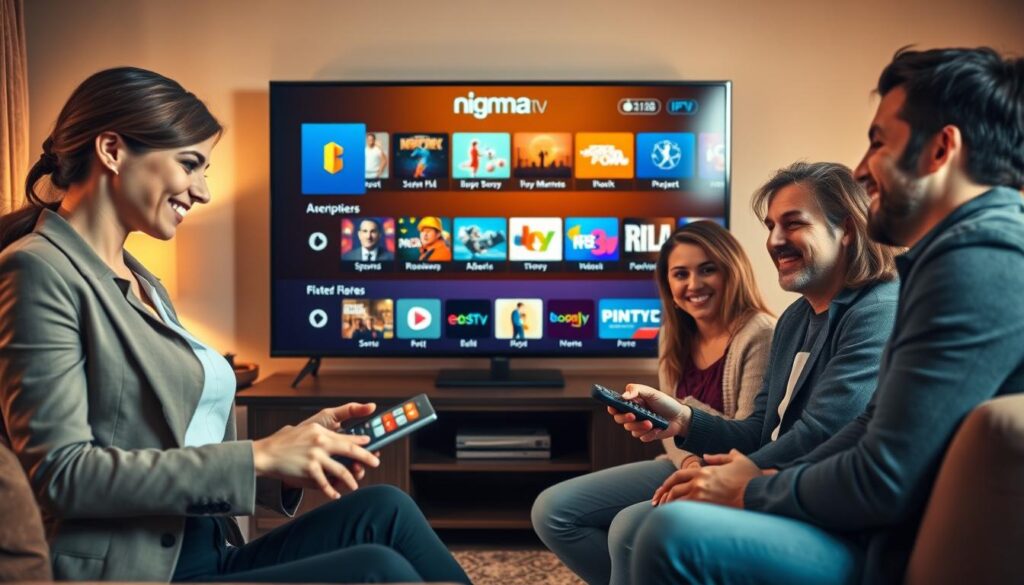 A vibrant living room scene featuring a diverse group of individuals enjoying affordable IPTV subscriptions on a large television screen displaying colorful streaming interfaces. In the foreground, a young woman in professional attire eagerly browses content on a tablet, while a middle-aged man in a smart casual outfit holds a remote, discussing options with two friends. In the middle ground, the television showcases the “nigma tv” logo and various subscription tiers with icons representing different genres like sports, movies, and news. The background is cozy and inviting, with warm lighting illuminating the room, creating an atmosphere of excitement and comfort. Use a wide-angle lens to capture the lively interaction and a focus on the joyful expressions of the group, emphasizing the idea of affordable entertainment.