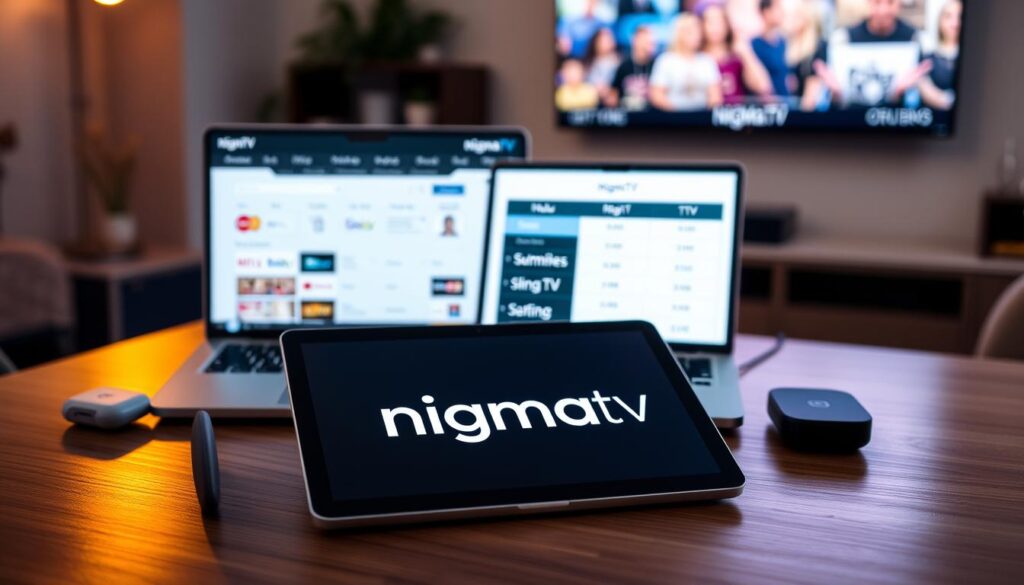 A visually compelling comparison of IPTV subscriptions featuring "nigma tv" prominently. In the foreground, a sleek tablet displaying the NIGMA.TV logo with an interface showcasing various channels, surrounded by icons representing common IPTV alternatives like Hulu, Sling TV, and YouTube TV. The middle ground presents an elegant desk with a modern laptop, open with a comparison chart highlighting pricing and features between NIGMA.TV and its competitors. In the background, a softly-lit room with a large screen showcasing streaming content, creating a cozy ambiance. Use warm lighting to evoke a welcoming feel, captured at a slight angle to emphasize depth. The mood should be informative yet inviting, ideal for the subject of IPTV subscription comparisons. A visually compelling comparison of IPTV subscriptions featuring "nigma tv" prominently. In the foreground, a sleek tablet displaying the NIGMA.TV logo with an interface showcasing various channels, surrounded by icons representing common IPTV alternatives like Hulu, Sling TV, and YouTube TV. The middle ground presents an elegant desk with a modern laptop, open with a comparison chart highlighting pricing and features between NIGMA.TV and its competitors. In the background, a softly-lit room with a large screen showcasing streaming content, creating a cozy ambiance. Use warm lighting to evoke a welcoming feel, captured at a slight angle to emphasize depth. The mood should be informative yet inviting, ideal for the subject of IPTV subscription comparisons.
