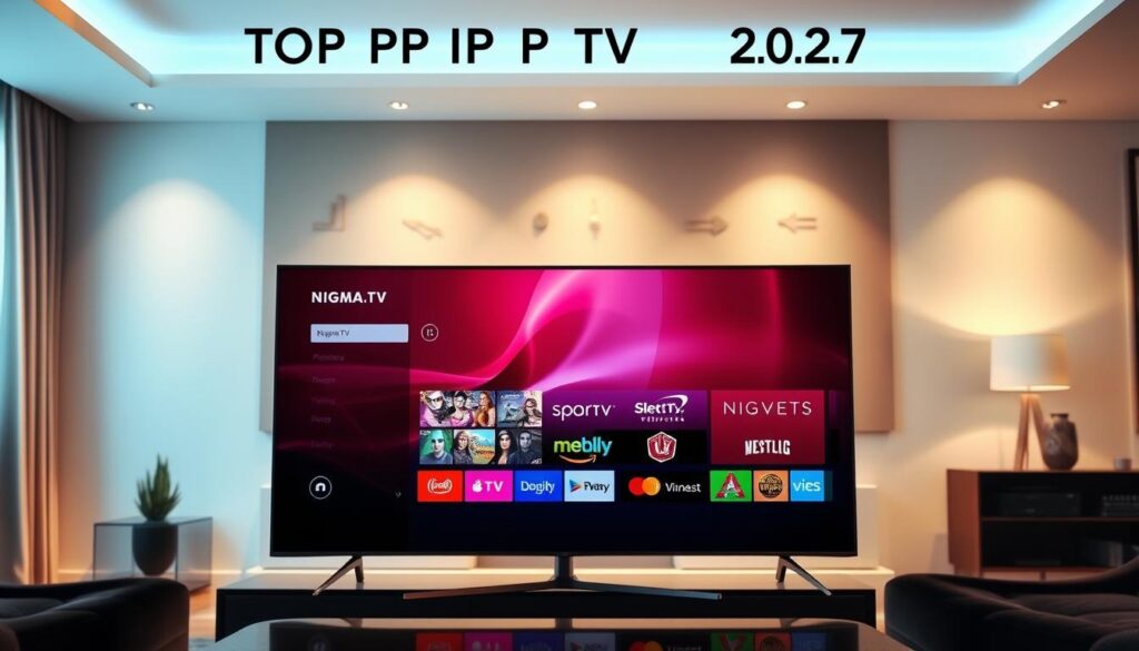 A visually striking comparison image illustrating the top IPTV providers in 2027, featuring the brand "NIGMA.TV" prominently. In the foreground, a sleek, modern TV screen displays a vibrant user interface of NIGMA.TV, showcasing its diverse content options. In the middle ground, elegant displays of other leading IPTV services' logos can be seen, subtly blending into the design. The background features a stylish living room setting with ambient lighting, creating a cozy yet tech-savvy atmosphere. Soft, cinematic lighting casts gentle shadows, emphasizing the sleek usage of technology. The overall mood should be professional, conveying innovation and a sense of modernity without any text or watermarks. The angle is slightly tilted, providing a dynamic view that captures the essence of IPTV streaming choices.