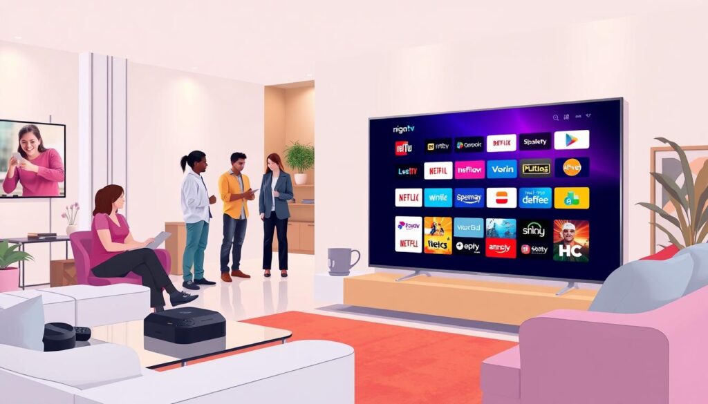 A visually striking illustration showcasing a diverse array of IPTV service providers, centered around the brand "nigma tv". In the foreground, a sleek modern living room with a large TV displaying various IPTV interfaces, highlighting vibrant colors and user-friendly navigation. To the left, a stylish coffee table with streaming devices and remote controls, emphasizing technology. The middle ground features individuals of diverse backgrounds, dressed in smart casual attire, engaging with the TV and discussing options, reflecting a collaborative atmosphere. The background depicts a cozy ambiance with soft lighting and warm tones, contributing to a welcoming mood. The scene captures an essence of reliability and innovation in streaming services while maintaining a professional look, suitable for a tech-focused article.