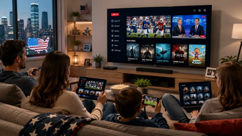 American family using IPTV on smart TV and mobile devices in a modern living room