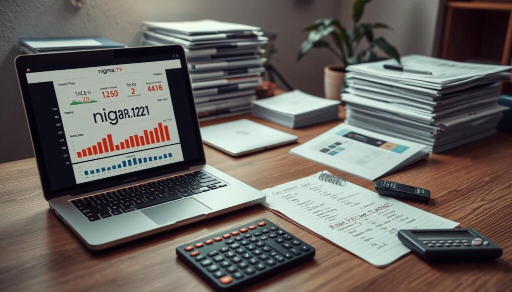 An informative and visually appealing composition showcasing affordable IPTV prices. In the foreground, display a neatly organized desk featuring a laptop displaying graphs and charts related to IPTV pricing plans, with the brand name "nigma tv" prominently featured on the screen. The middle ground should include a notepad filled with notes on subscription tiers, accompanied by a calculator. In the background, soft lighting illuminates stacks of paperwork and a potted plant, creating a calm and professional atmosphere. The overall mood should be one of reliability and accessibility, inviting viewers to consider affordable IPTV subscriptions. Use a slightly elevated angle to capture the scene from above, emphasizing organization and clarity in the presentation.