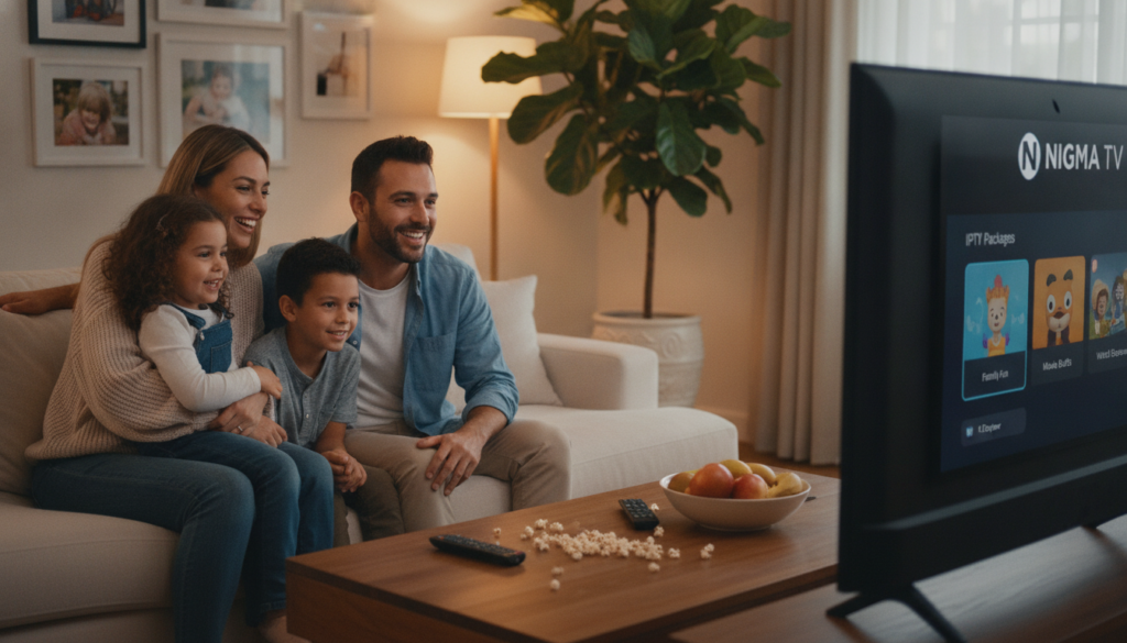 An inviting living room scene showcasing a family enjoying various IPTV packages with NIGMA TV. In the foreground, a comfortable sofa with a family of four—two adults in smart casual attire and two children—watching an engaging show on a large, modern flat-screen TV. In the middle ground, a stylish coffee table with streaming device remote controls and snacks, suggesting a cozy viewing experience. The background features a softly lit room with warm lighting, tasteful decorations (like framed pictures and potted plants), creating a welcoming atmosphere. The camera angle is slightly elevated, capturing the entire room while focusing on the family’s expressions of joy and engagement as they explore diverse content options. The overall mood is warm, inviting, and family-oriented, emphasizing accessibility and enjoyment of affordable IPTV packages.