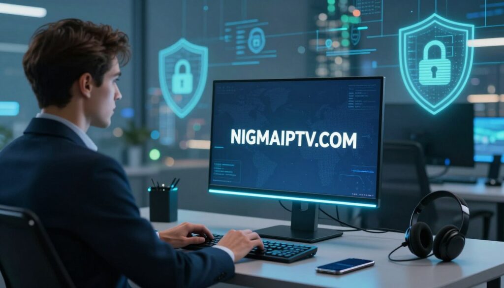 A sleek and modern digital workspace featuring a high-tech computer setup displaying the logo "NIGMAIPTV.COM" prominently on the screen. In the foreground, a professional-looking person, dressed in business attire, is seated at the desk, focused on the screen. The middle layer includes a softly glowing LED strip around the monitor and various tech gadgets that symbolize reliability and support, such as a headset and a smartphone. In the background, an abstract representation of cybersecurity, like shields and locks, is subtly integrated into a futuristic city skyline bathed in a calming blue and green light, conveying trust and efficiency. The atmosphere feels professional and inviting, illuminated by gentle ambient light that enhances the technological feel, with a slightly blurred depth effect to draw attention to the front. A sleek and modern digital workspace featuring a high-tech computer setup displaying the logo "NIGMAIPTV.COM" prominently on the screen. In the foreground, a professional-looking person, dressed in business attire, is seated at the desk, focused on the screen. The middle layer includes a softly glowing LED strip around the monitor and various tech gadgets that symbolize reliability and support, such as a headset and a smartphone. In the background, an abstract representation of cybersecurity, like shields and locks, is subtly integrated into a futuristic city skyline bathed in a calming blue and green light, conveying trust and efficiency. The atmosphere feels professional and inviting, illuminated by gentle ambient light that enhances the technological feel, with a slightly blurred depth effect to draw attention to the front.